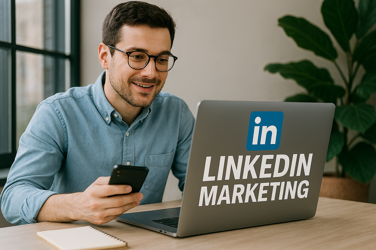 Young male IT professional working on a LinkedIn campaign, seated at a desk with a laptop displaying "LinkedIn Marketing" and holding a smartphone.