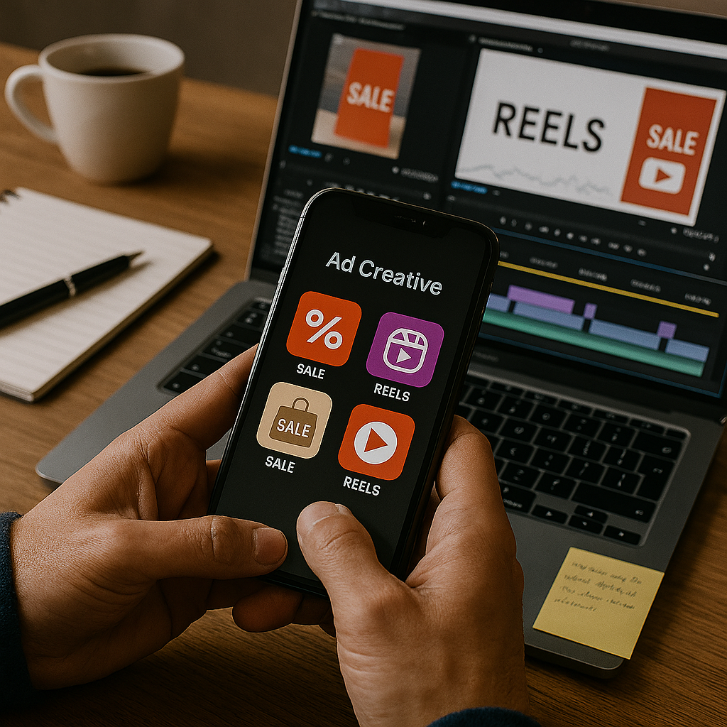 Image of a person doing a ad creatives using phone and laptop
