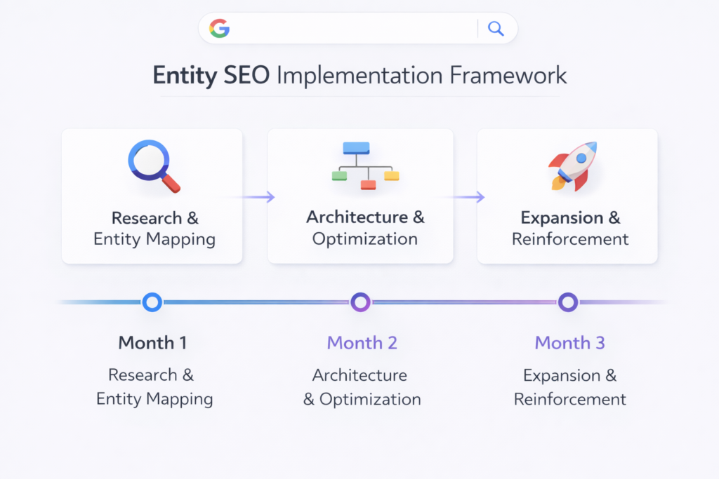 Timeline infographic outlining a three-month entity SEO implementation plan.