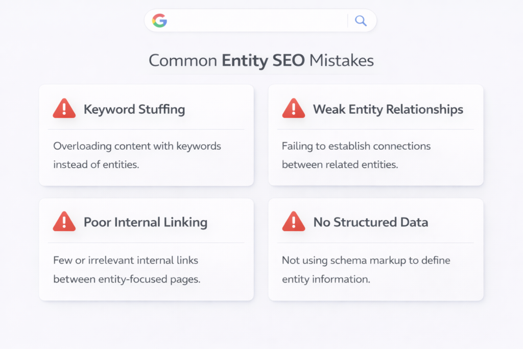 Infographic showing common entity SEO mistakes like keyword stuffing and weak entity relationships.