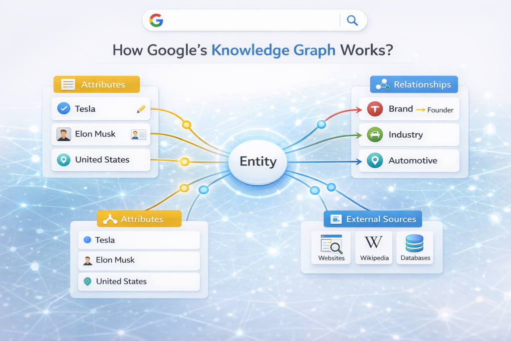 Diagram showing how entities connect within Google’s knowledge graph using relationships and attributes.