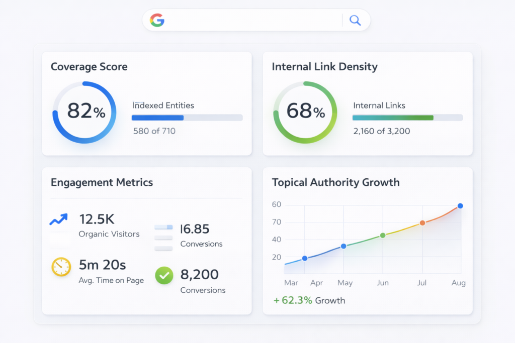 Analytics dashboard infographic showing metrics for measuring entity SEO success.