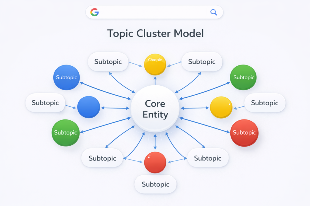 Topic cluster model showing a core entity connected to multiple related subtopics.